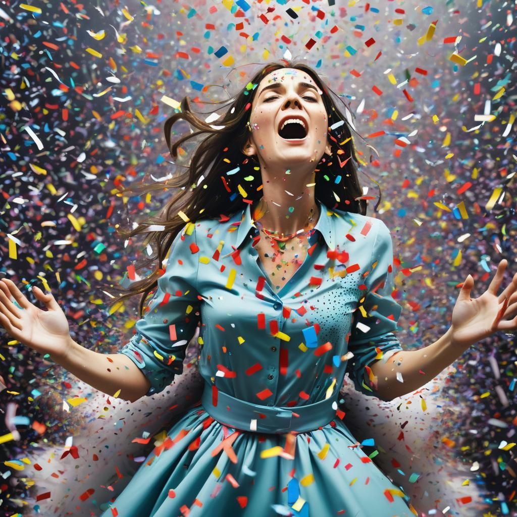 Woman Overwhelmed by Confetti Avalanche
