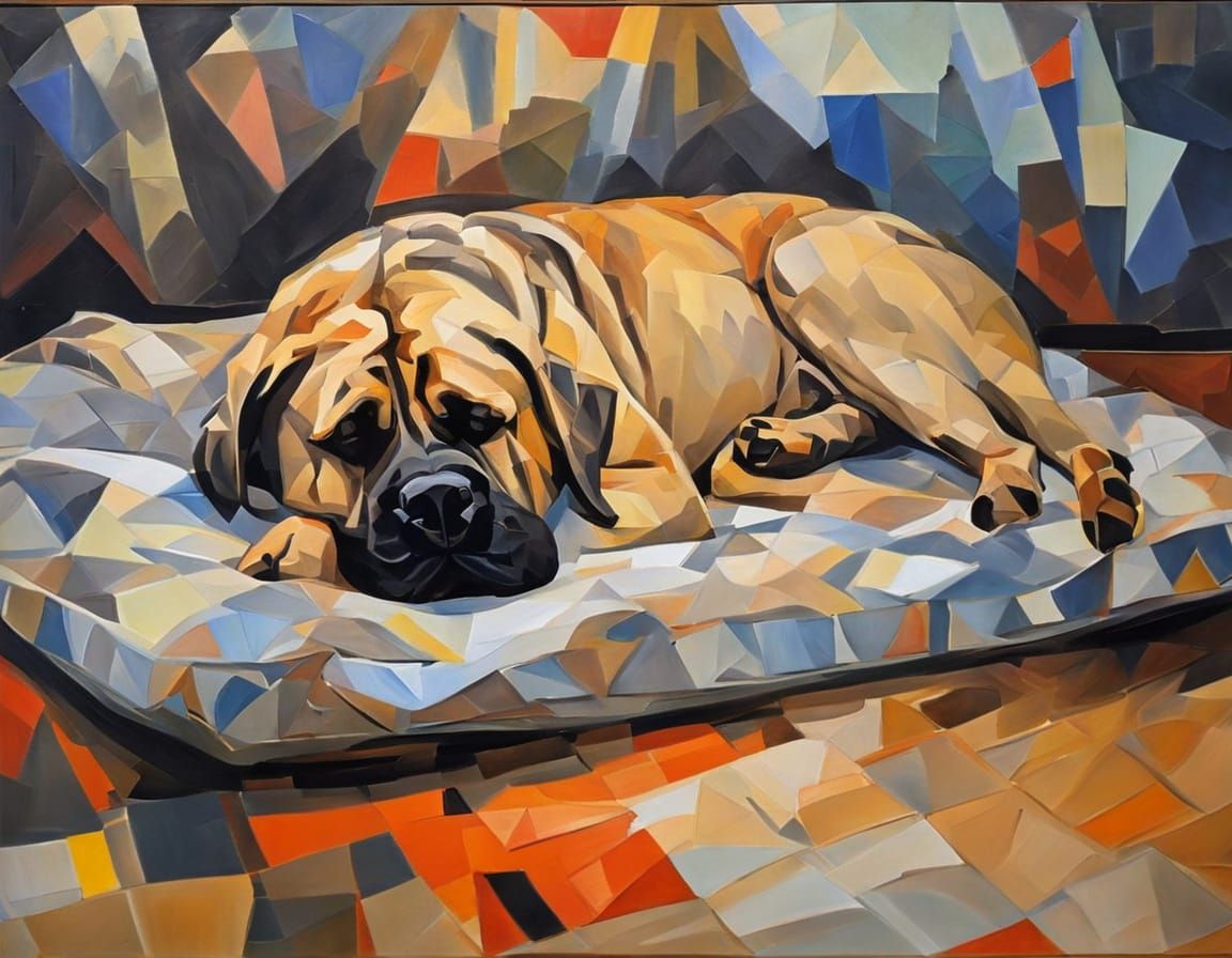 Sleeping Mastiff Dog in Cubist-Impressionist Oil Painting