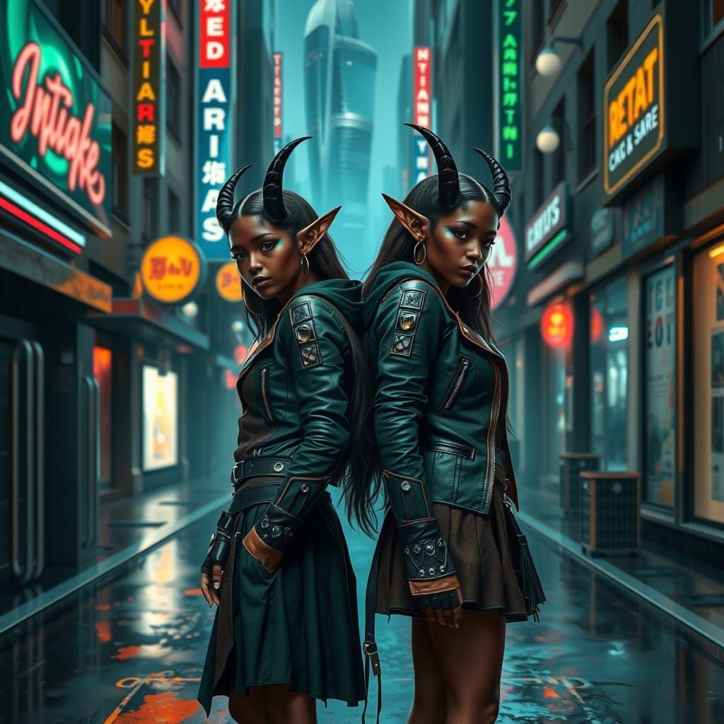 Sci-Fi Fantasy Elves in Neon Cityscape