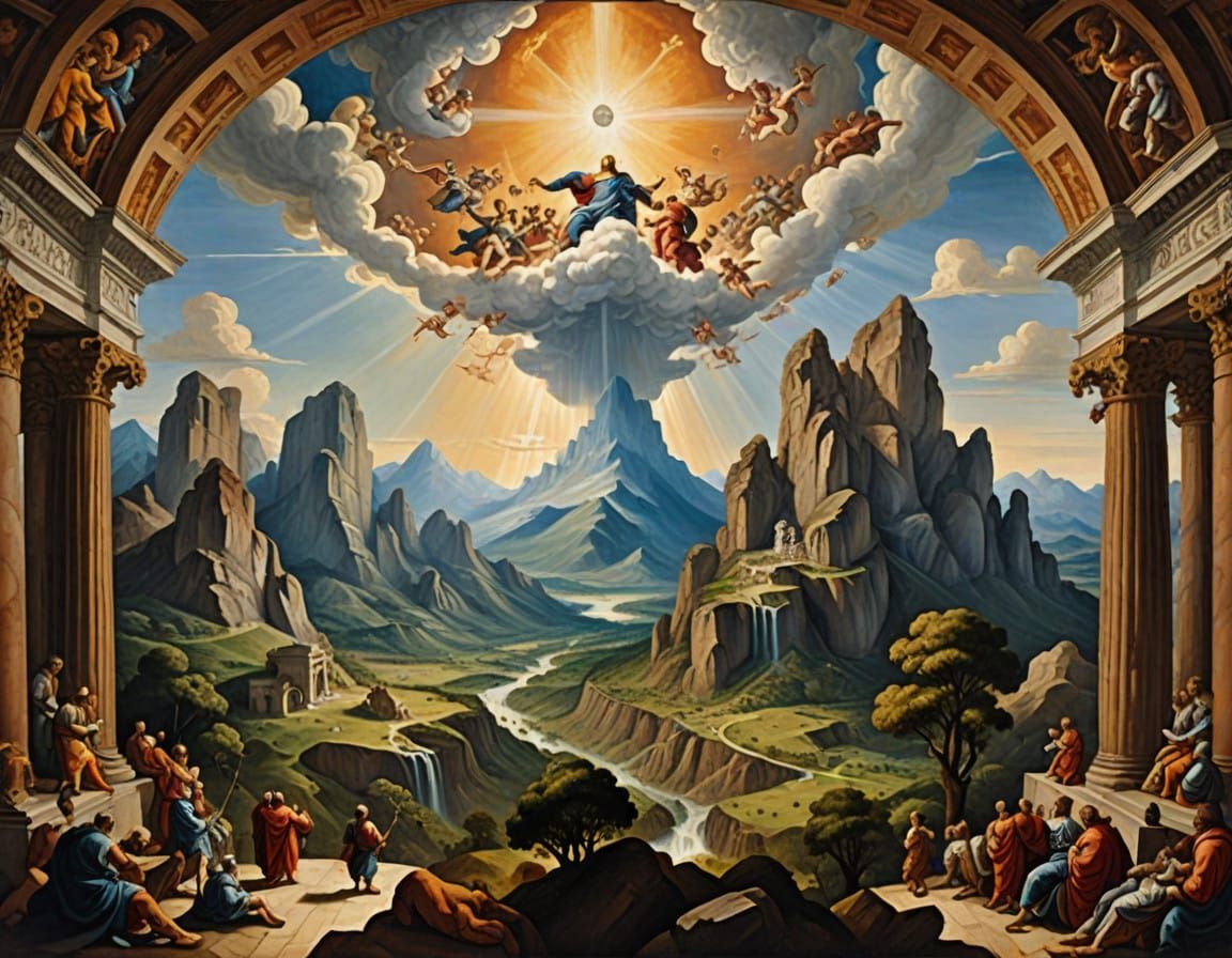 Michelangelo-Inspired Heavenly Realm in Epic Oil Painting
