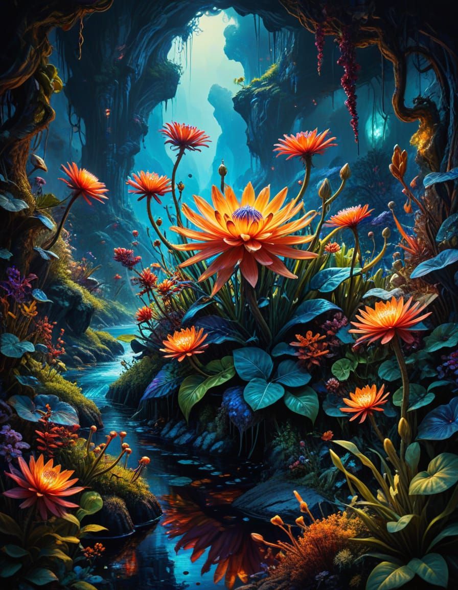 Surreal Oil Painting of Strange Plants in Vibrant Landscape