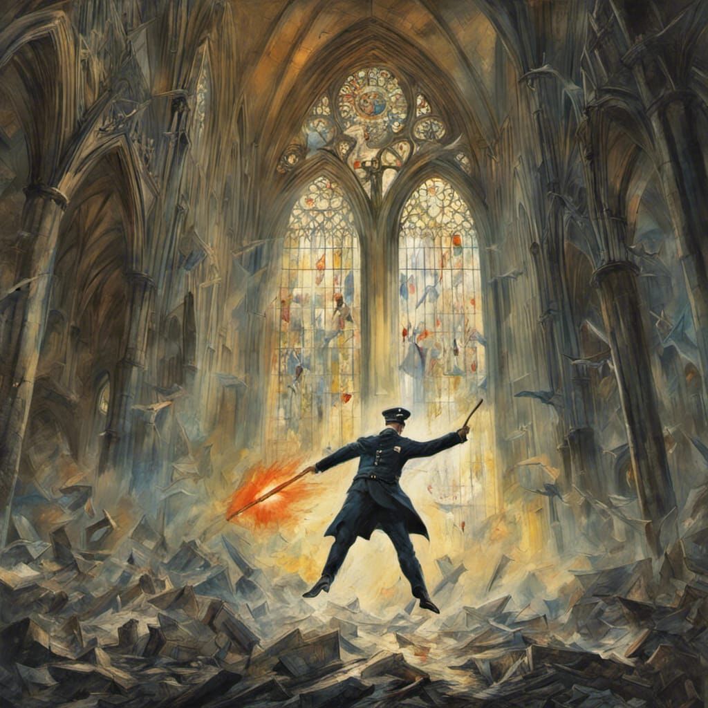 Flying Policeman Crashes Through Cathedral Window