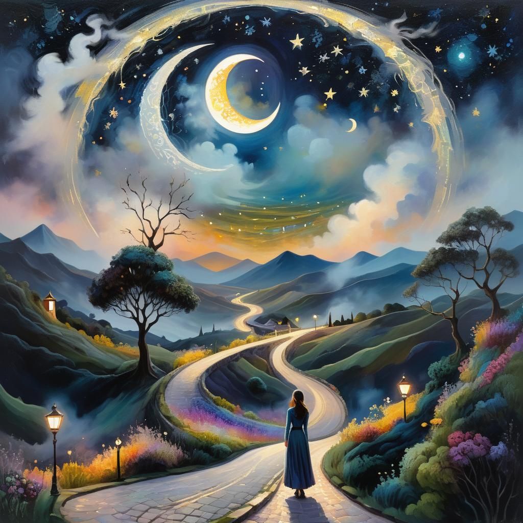 Neo-Impressionist Woman Under Crescent Moon