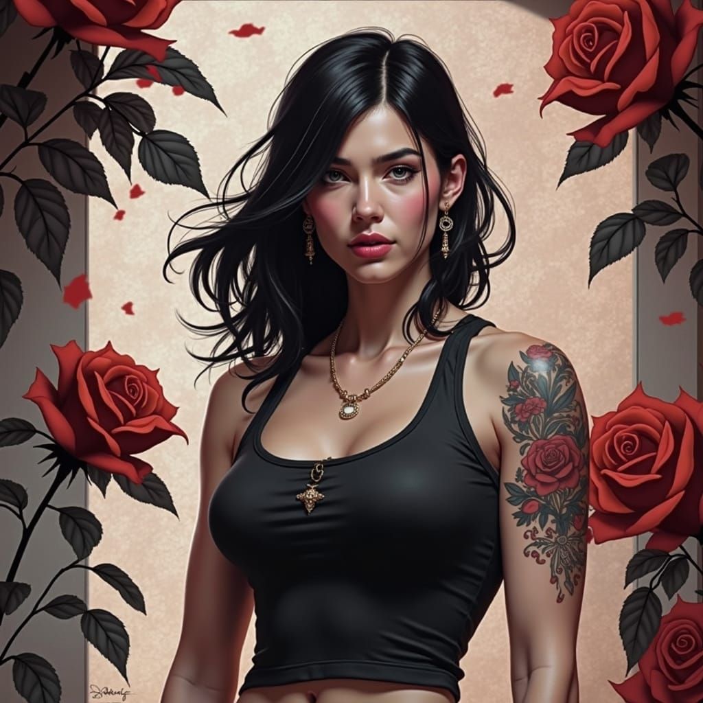 Rose Tattoo Portrait in Hyperdetailed Digital Art Style