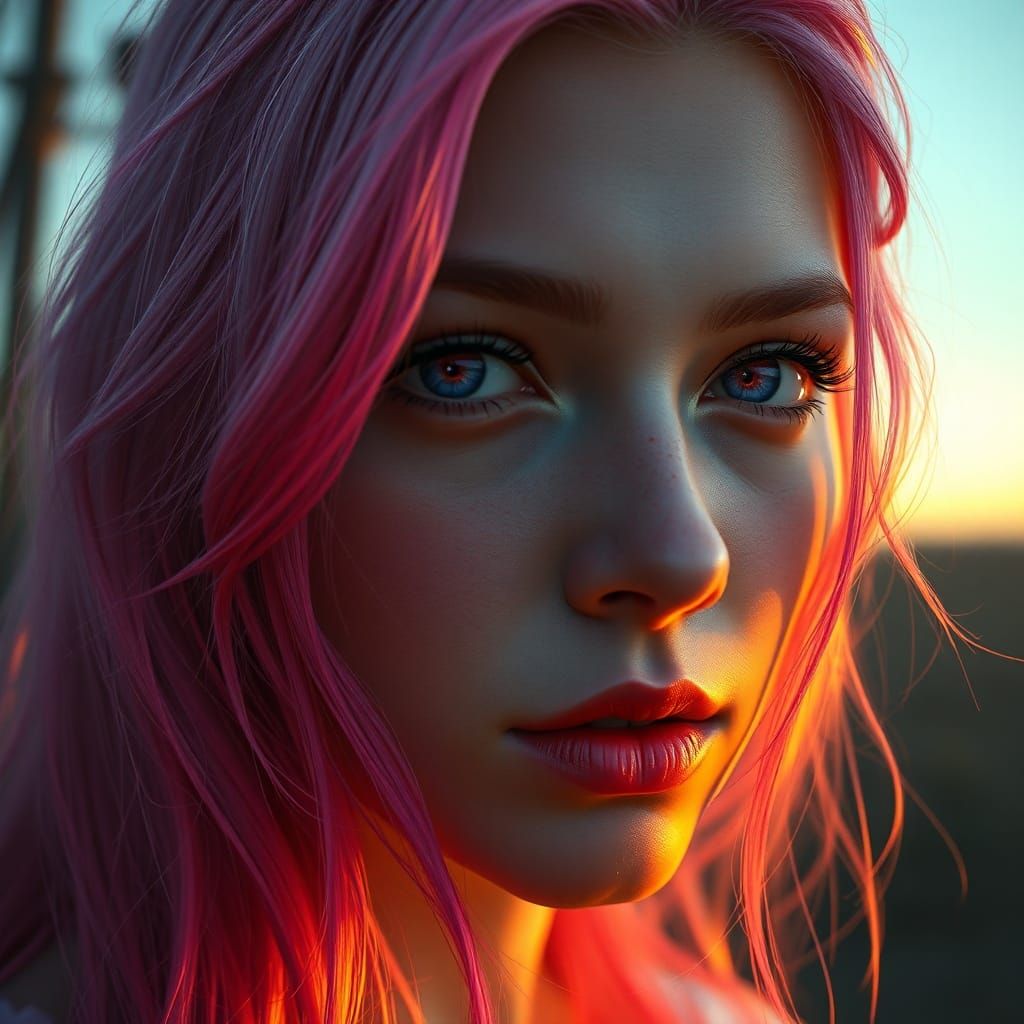 Pink Haired Woman in Sunrise Portrait