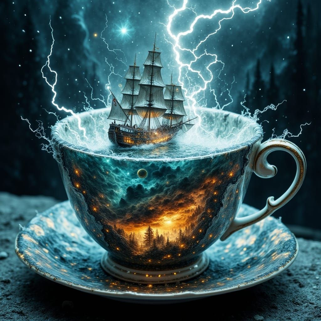 Stormy Teacup: Abstract Surreal Double Exposure