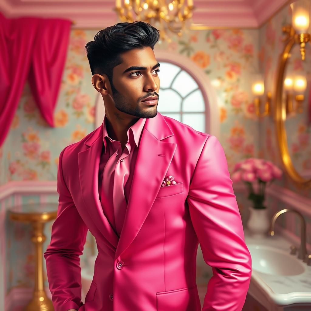 Indian Male Model in Pink Outfit in Barbie Mansion