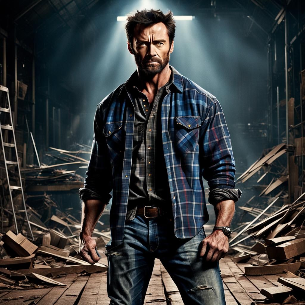 Hugh Jackman's Wolverine ... He is dressed in a rugged plaid...