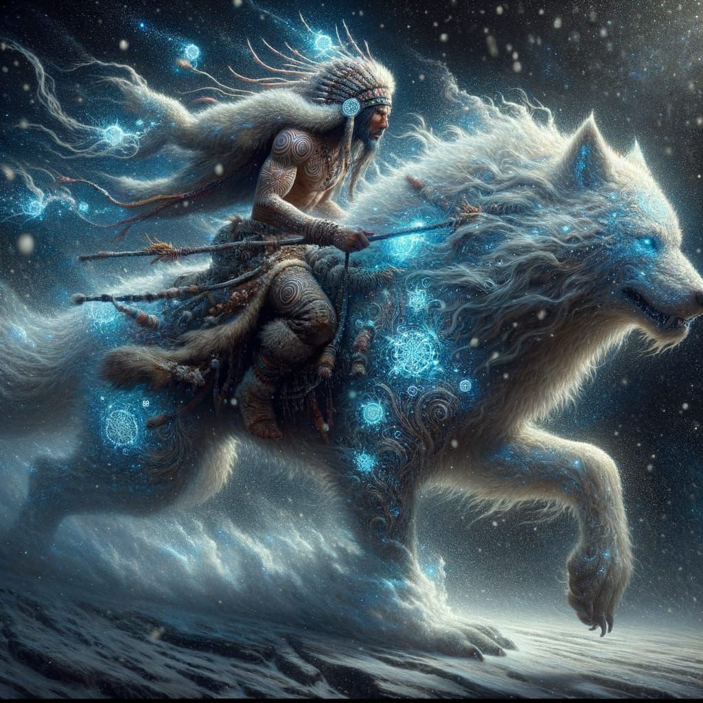 Warrior Rides Bioluminescent Wolf Through Enchanted Blizzard
