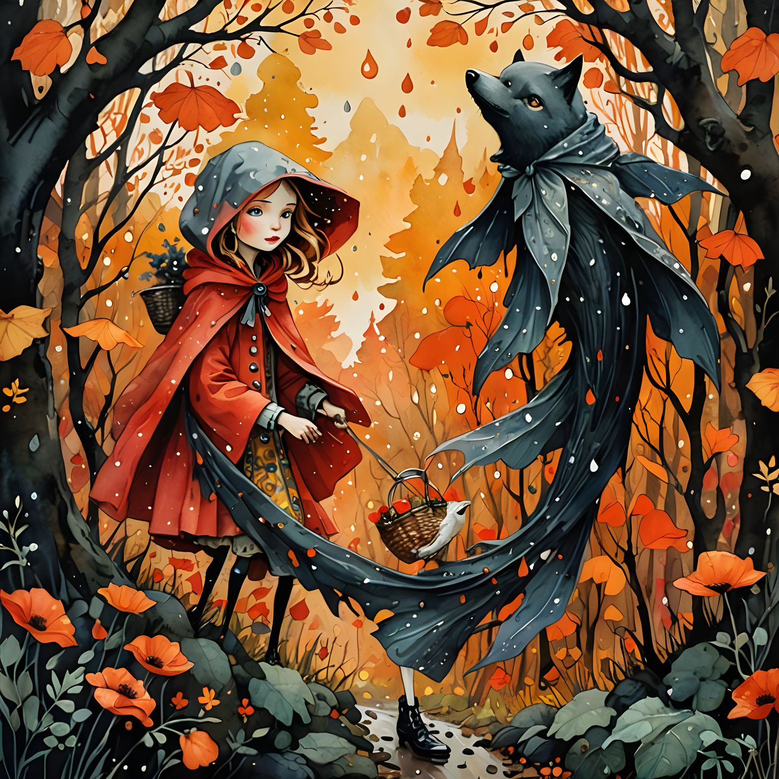 Little Red Riding Hood in Watercolor Autumn Woods