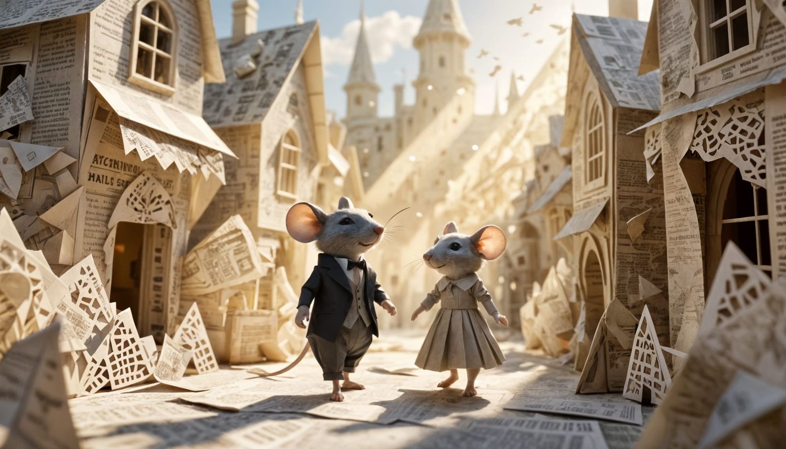 Whimsical Mice in a Detailed Newspaper City