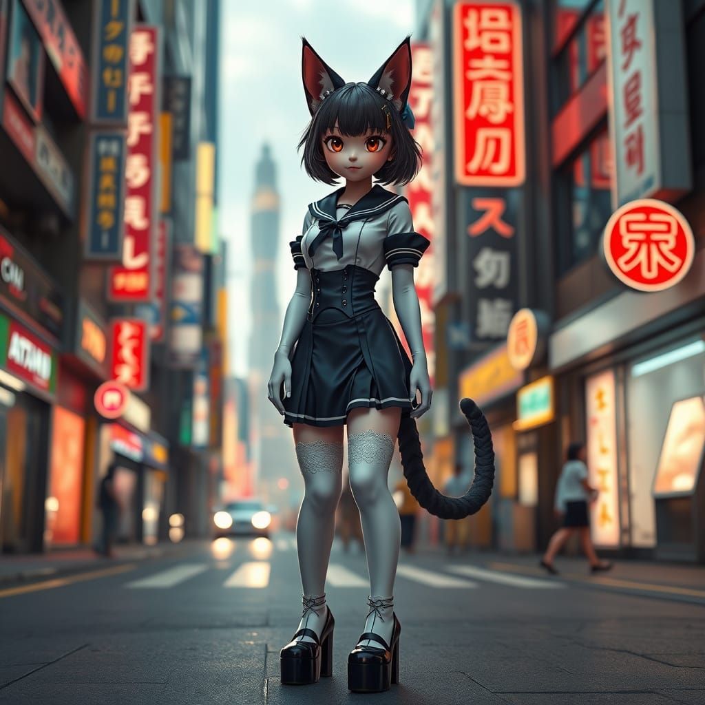 Futuristic Cat Girl in Japanese School Uniform on Tokyo Stre...