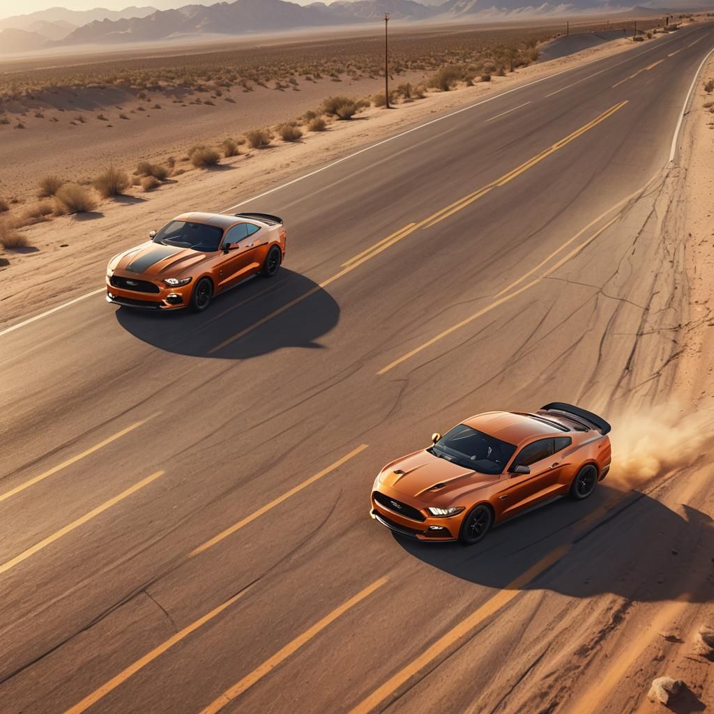 Ford Mustangs Race in Scorching Desert, Digital Art