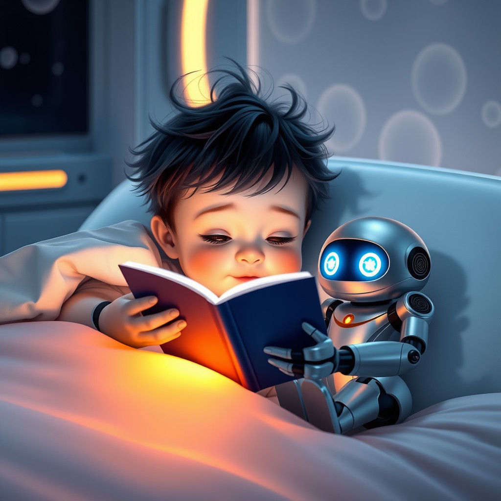 Toddler Bedtime Story with Robot, Futuristic Art