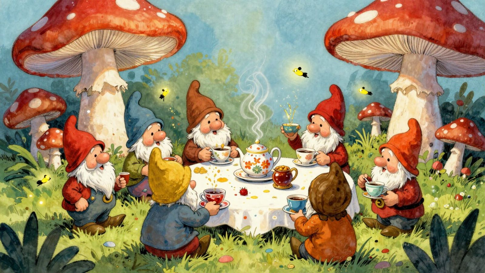 Whimsical Gnomes Enjoy Tea Party Among Giant Mushrooms