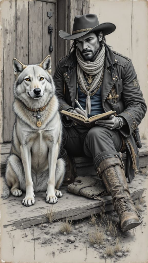 Cowboy Writes in Whimsical Pencil Sketch Style