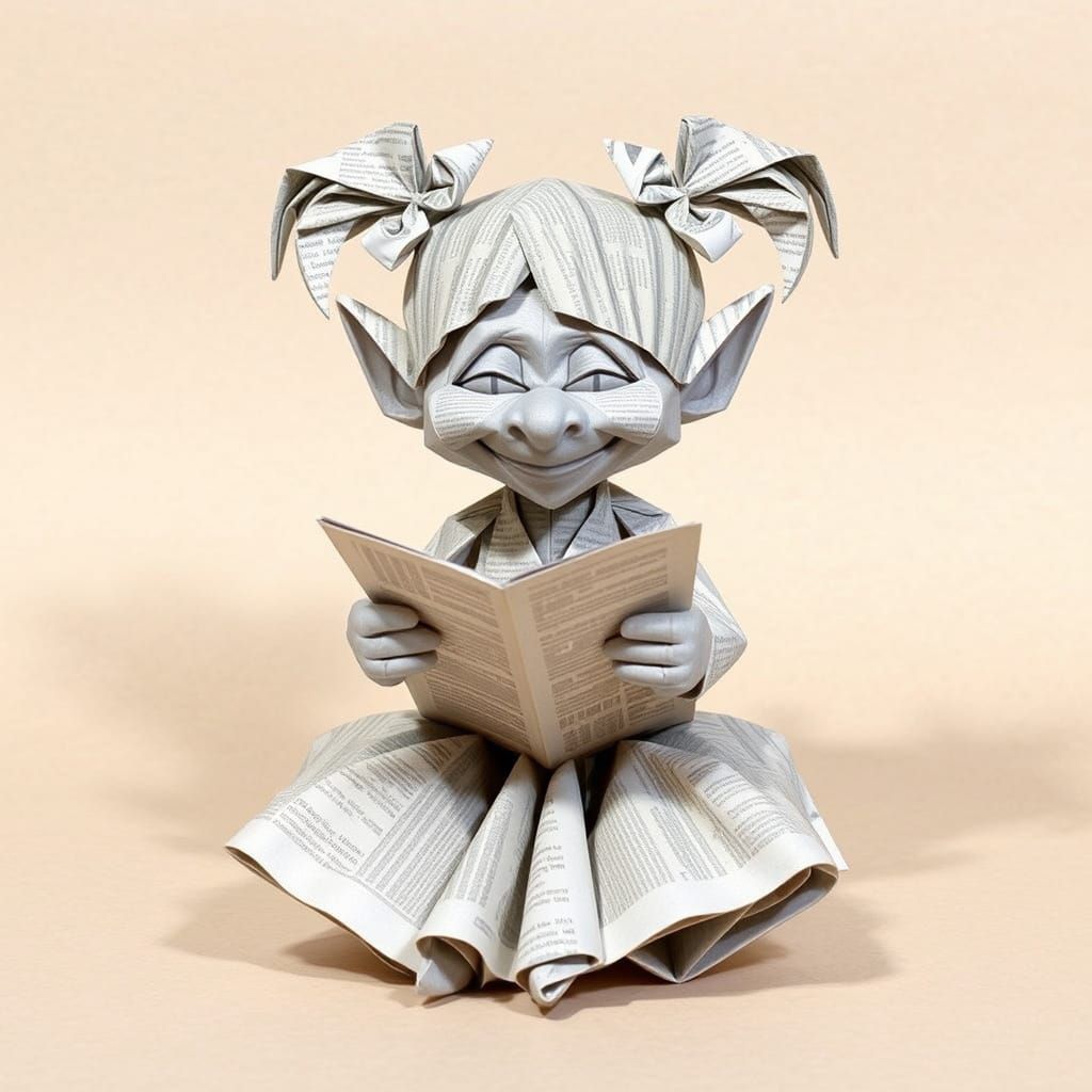 Origami Troll Reading Newspaper in Digital Art