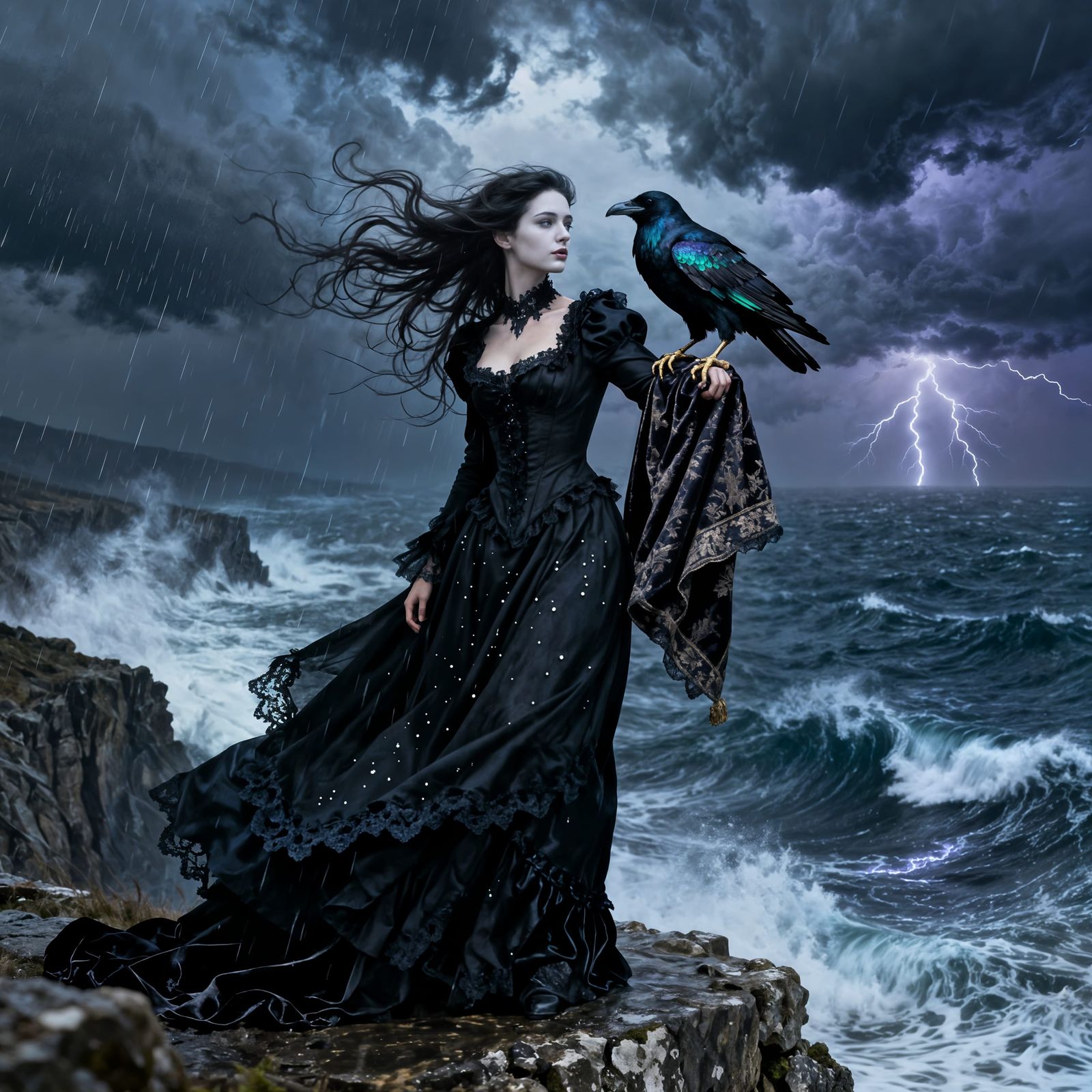 Gothic Woman on Cliff Overlooking Stormy Sea