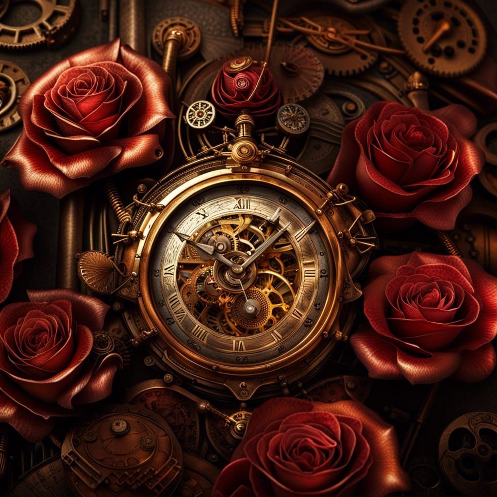 Steampunk Clock with Gold and Red Roses
