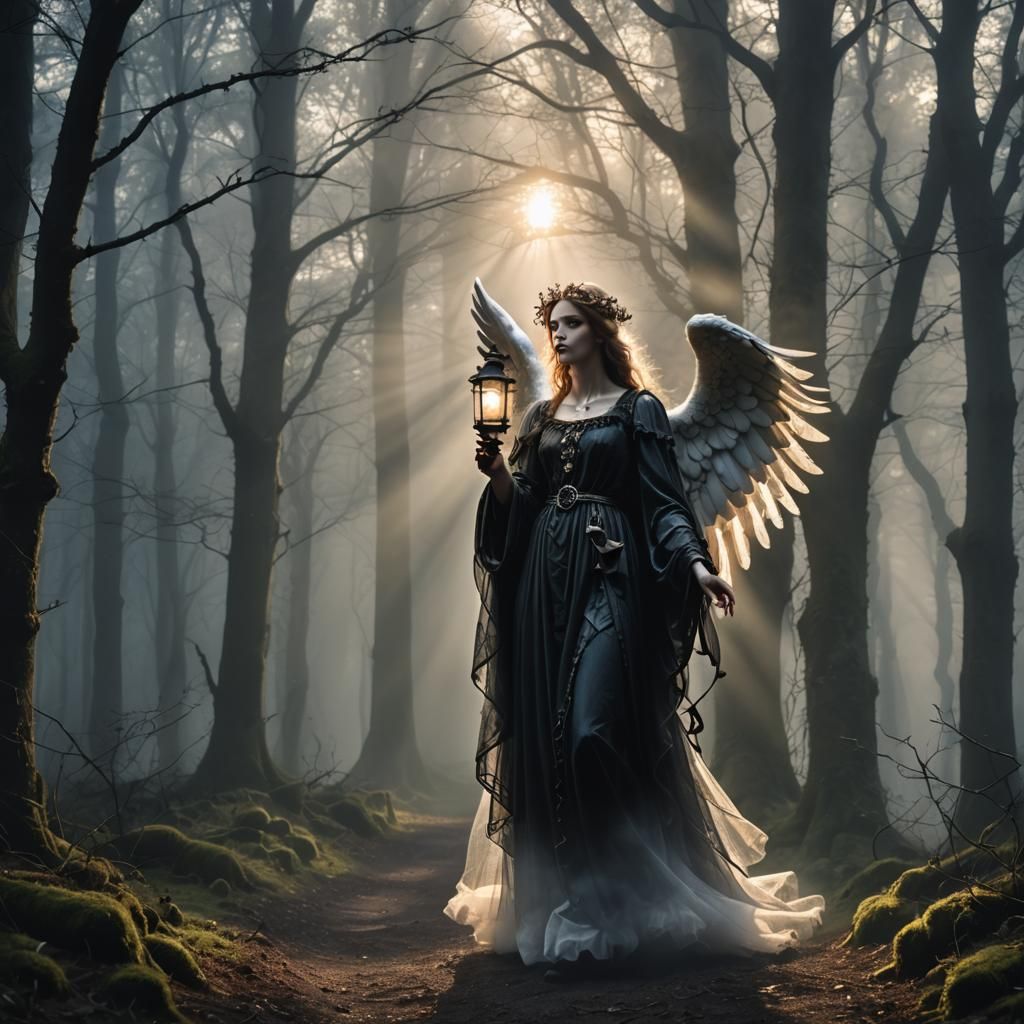 Gothic Angel Illuminates Forest Path in Dreamscape