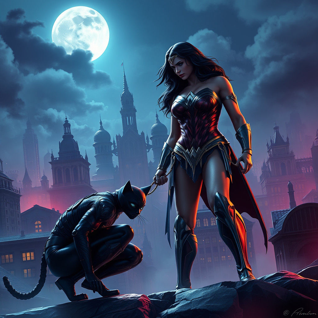 Wonder Woman vs Catwoman: Epic Cityscape Showdown