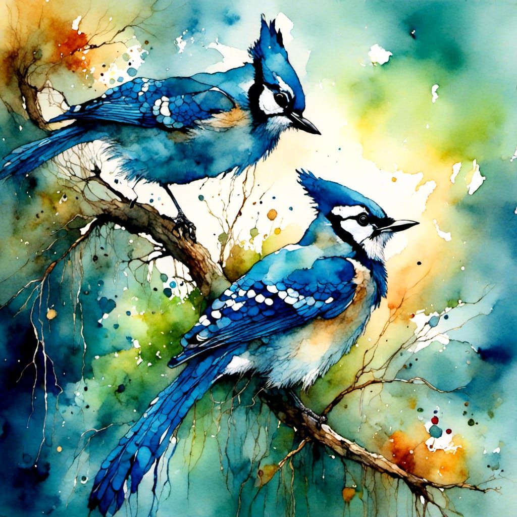 Blue Jays in Storm: Stylized Watercolor Art