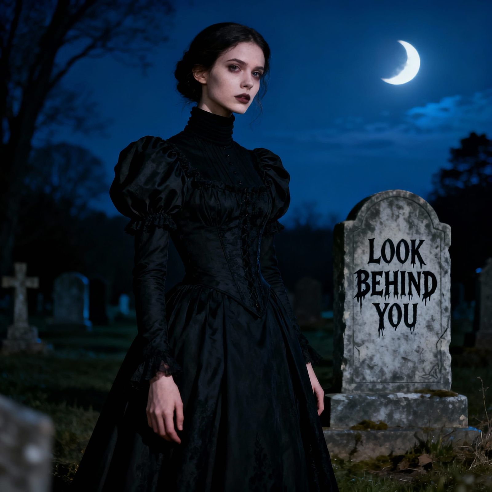 Gothic Lady in Victorian Dress at Moonlit Graveyard