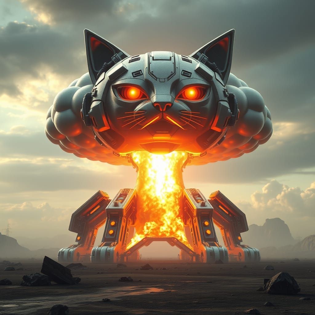 Cat-Shaped Nuclear Explosion in Sci-Fi Landscape