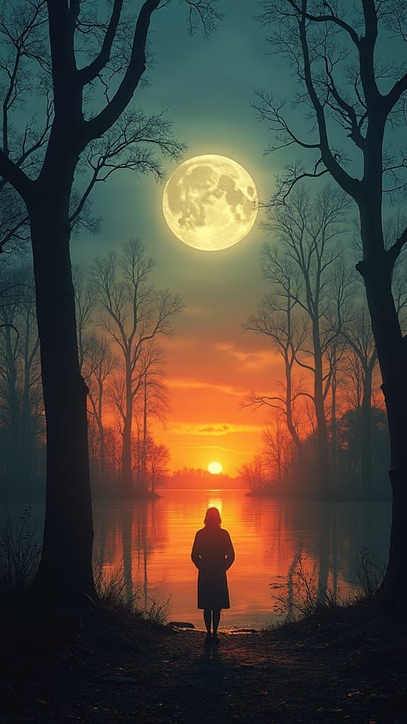 Ethereal Moonlit Lake Scene in a Dreamlike Cyberpunk Aesthet...