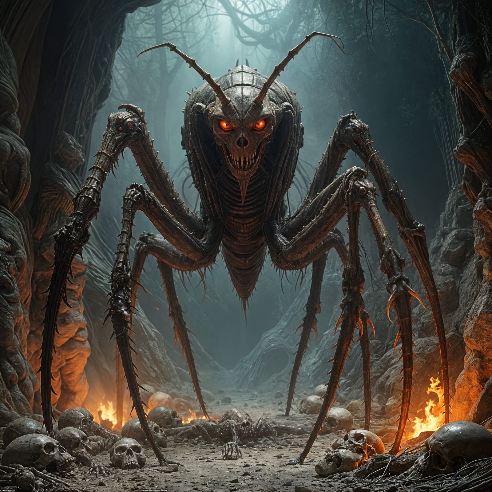 Demonic Mantis Beast in Dark, Foreboding Lair