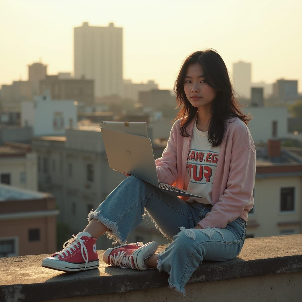 Rooftop Study: A Photorealistic Portrait of a Young Woman