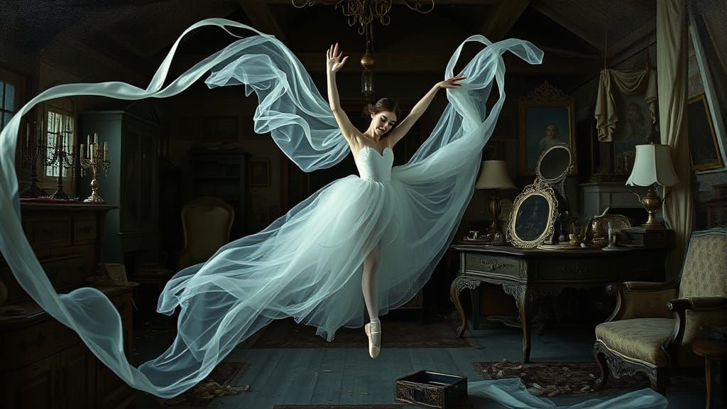 Ghost Ballet Dancer Drifting in Antique Attic
