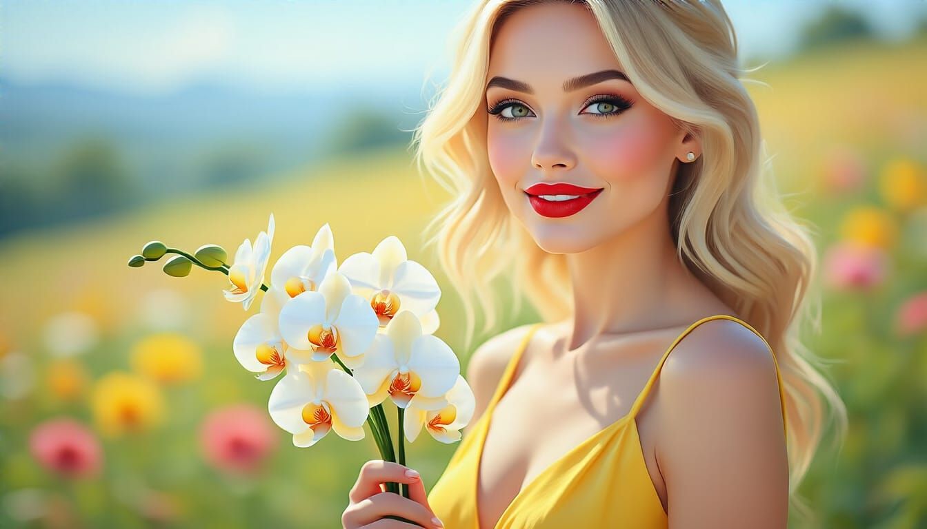 Blonde Woman with Orchids in Realistic Style