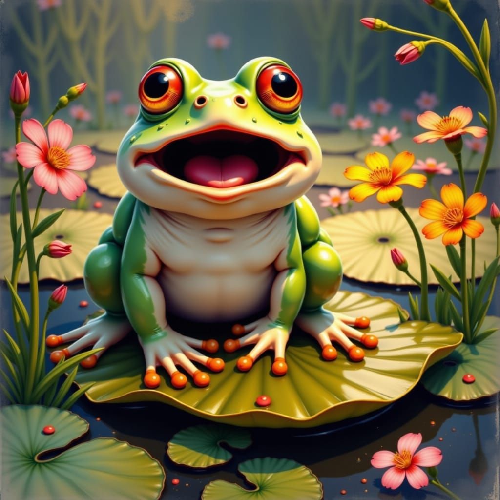 Cute Chubby Frog Croaking on Lily Pad in Watercolour