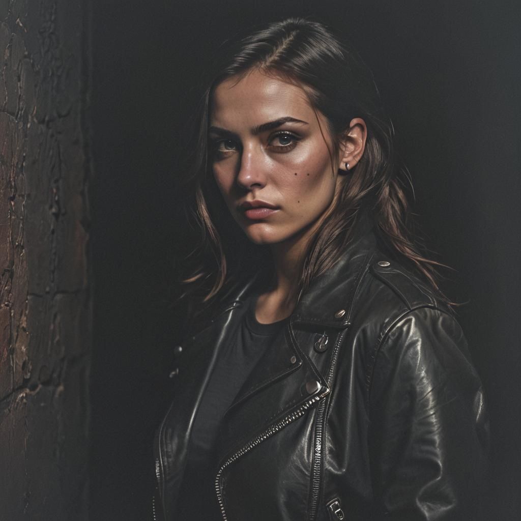 Intense Film Noir Portrait: Woman and Shadowy Figure