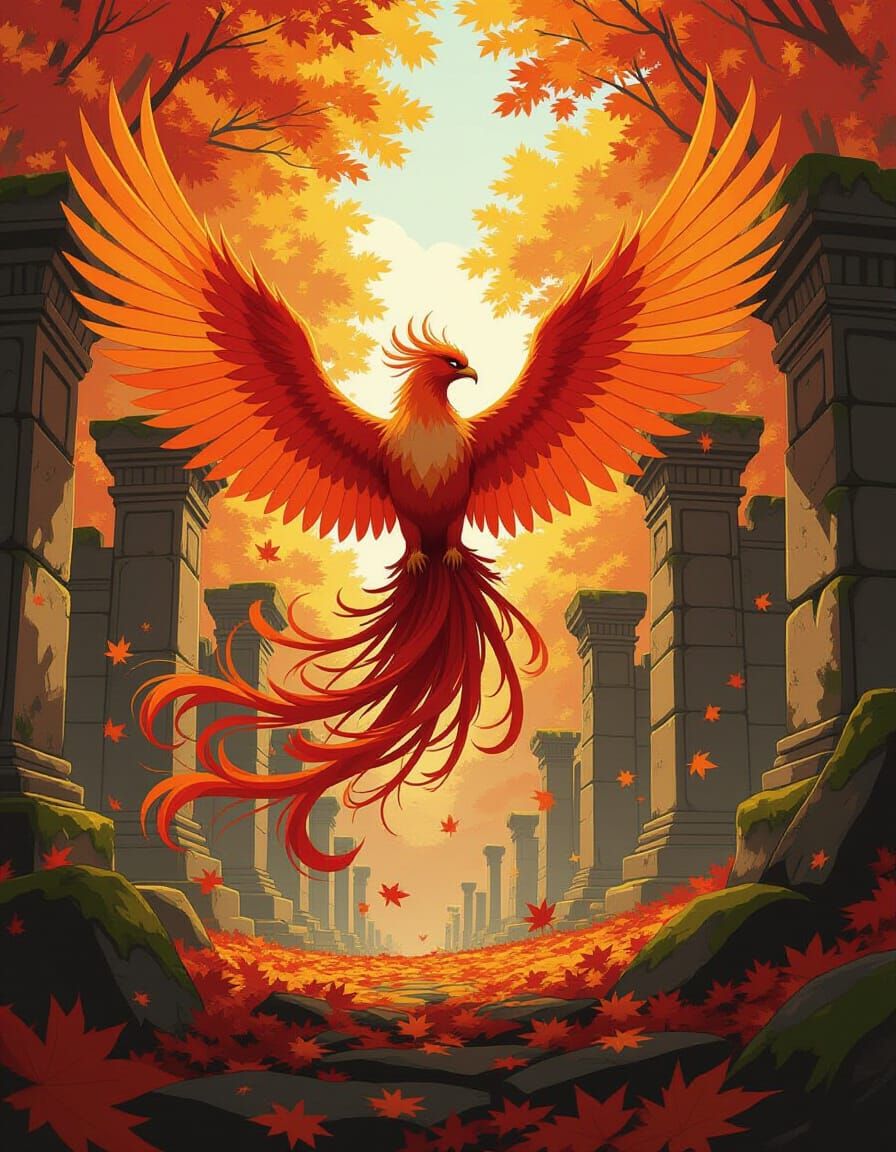 Majestic Phoenix Erupts from Autumn Vortex in Anime Style