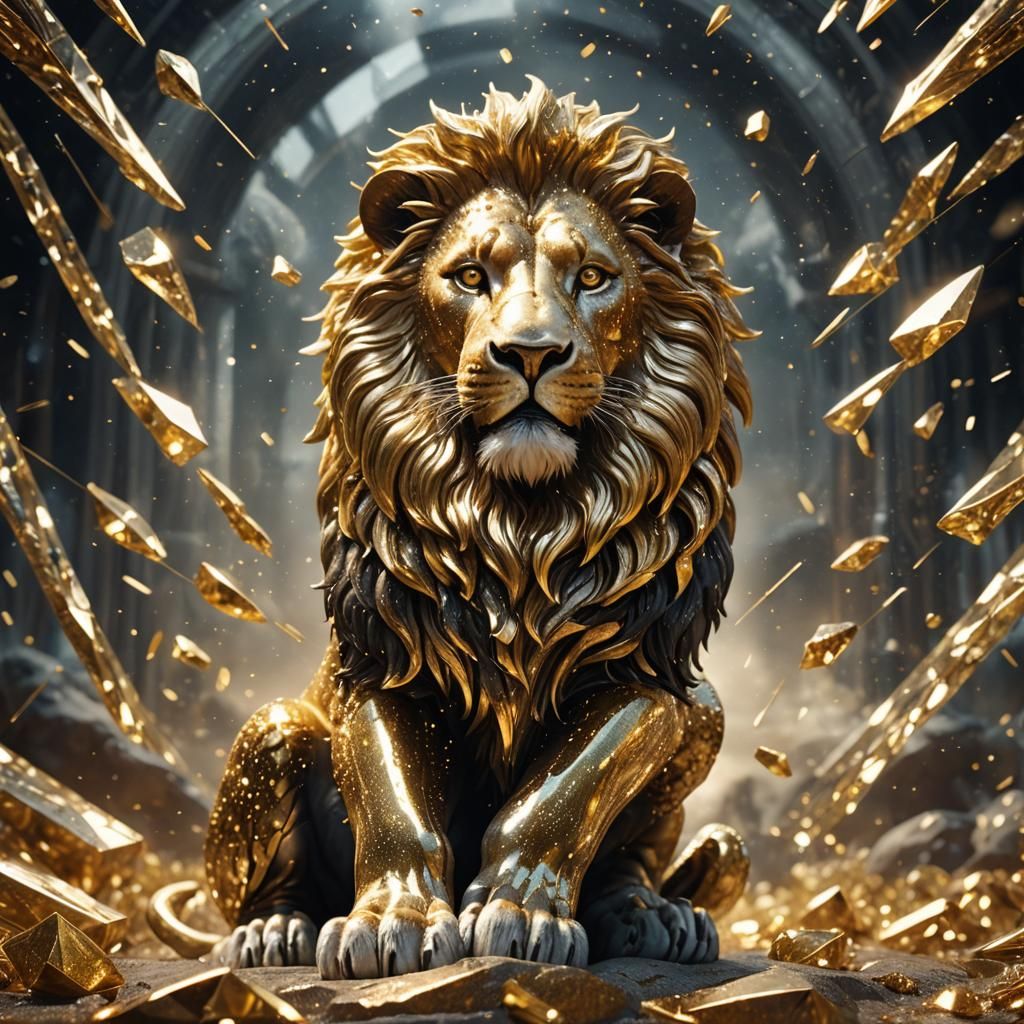 Glass Lion Filled with Golden Sparkles