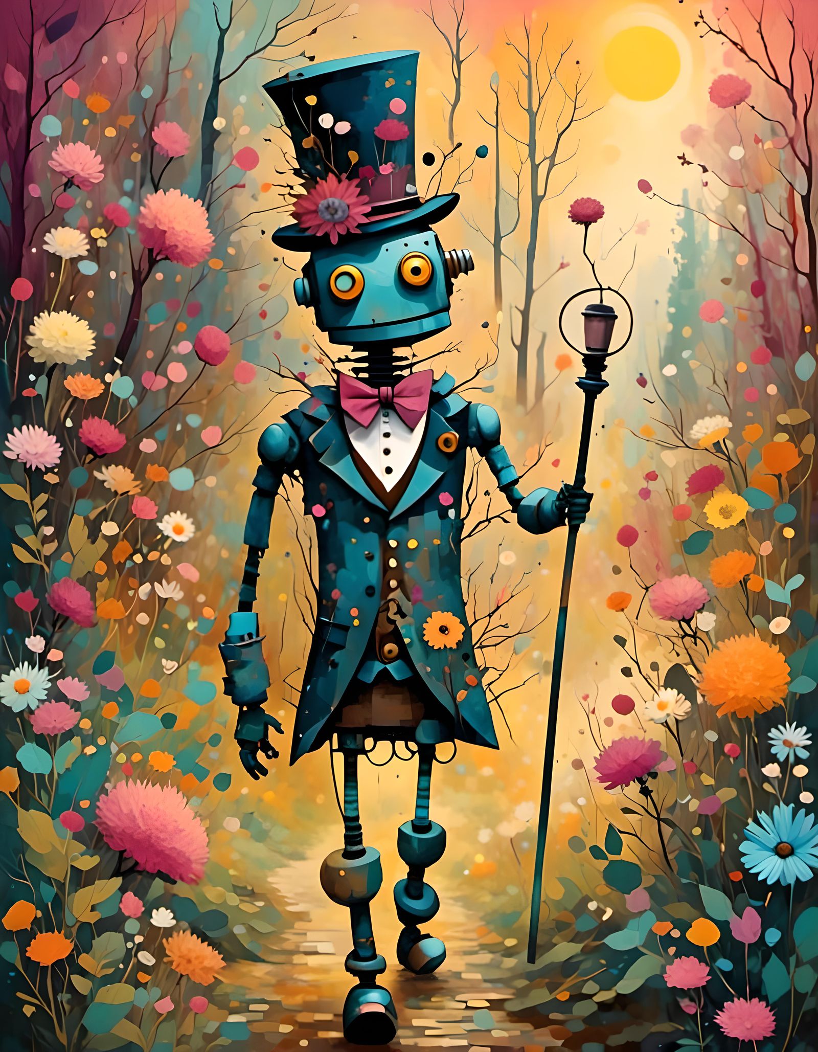 Steampunk Robot Gentleman Stroll Through Spring Woods