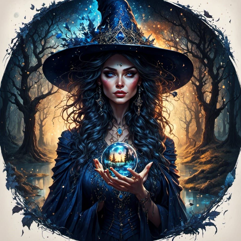 Beautiful Witch in Lapis Lazuli Sky: Fantasy Art