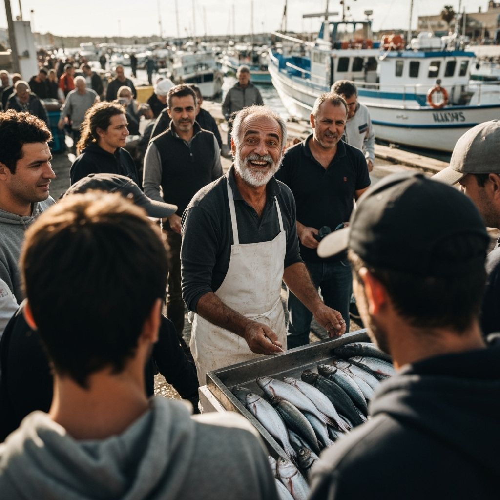 Bustling Fish Market Auction in Impressionistic Style