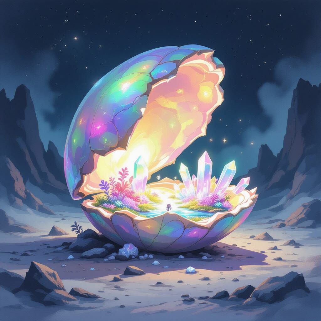 Alien Shell Ecosystem Revealed in Watercolor Style