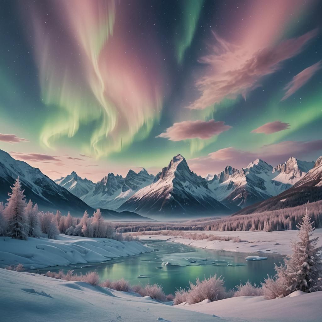 Glowing Aurora Lights Over Winter Landscape as Low-Poly Art