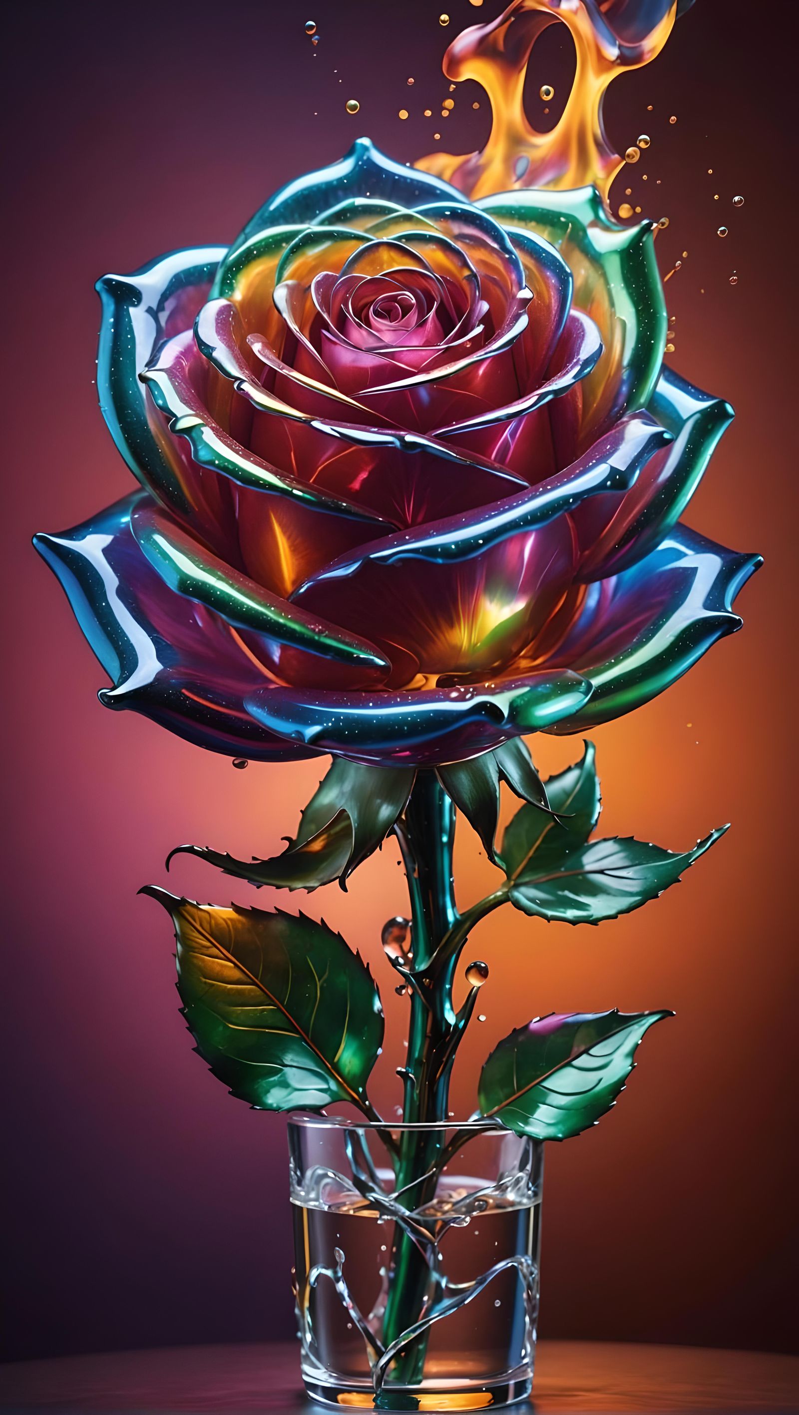 Iridescent Glass Rose Ablaze with Color