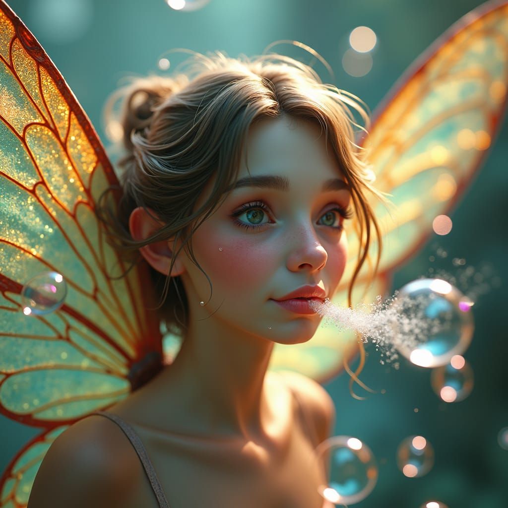 Iridescent Fairy Blowing Bubbles in Art Nouveau Style