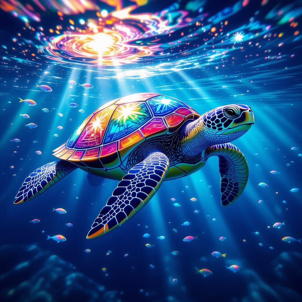 Stained Glass Turtle Swims Through Starry Sea