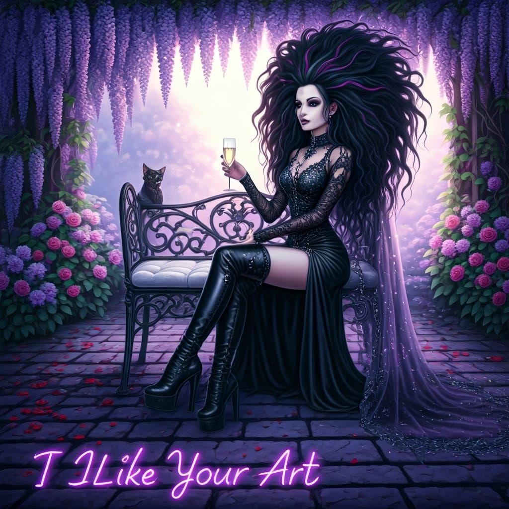 Gothic Bride in Wisteria Arbor with Purple Text