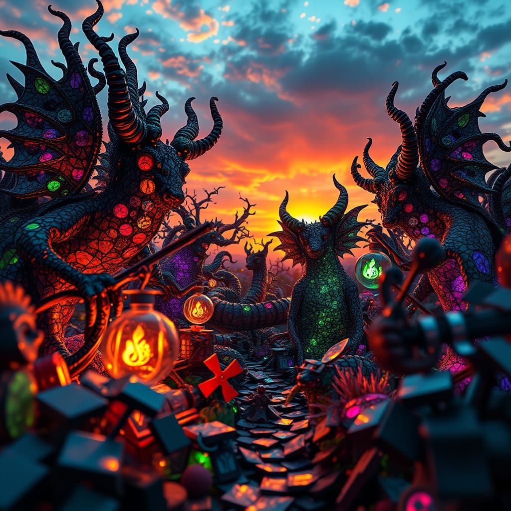 Mystical Spirits Mend Music at Sunset, Fantasy Art