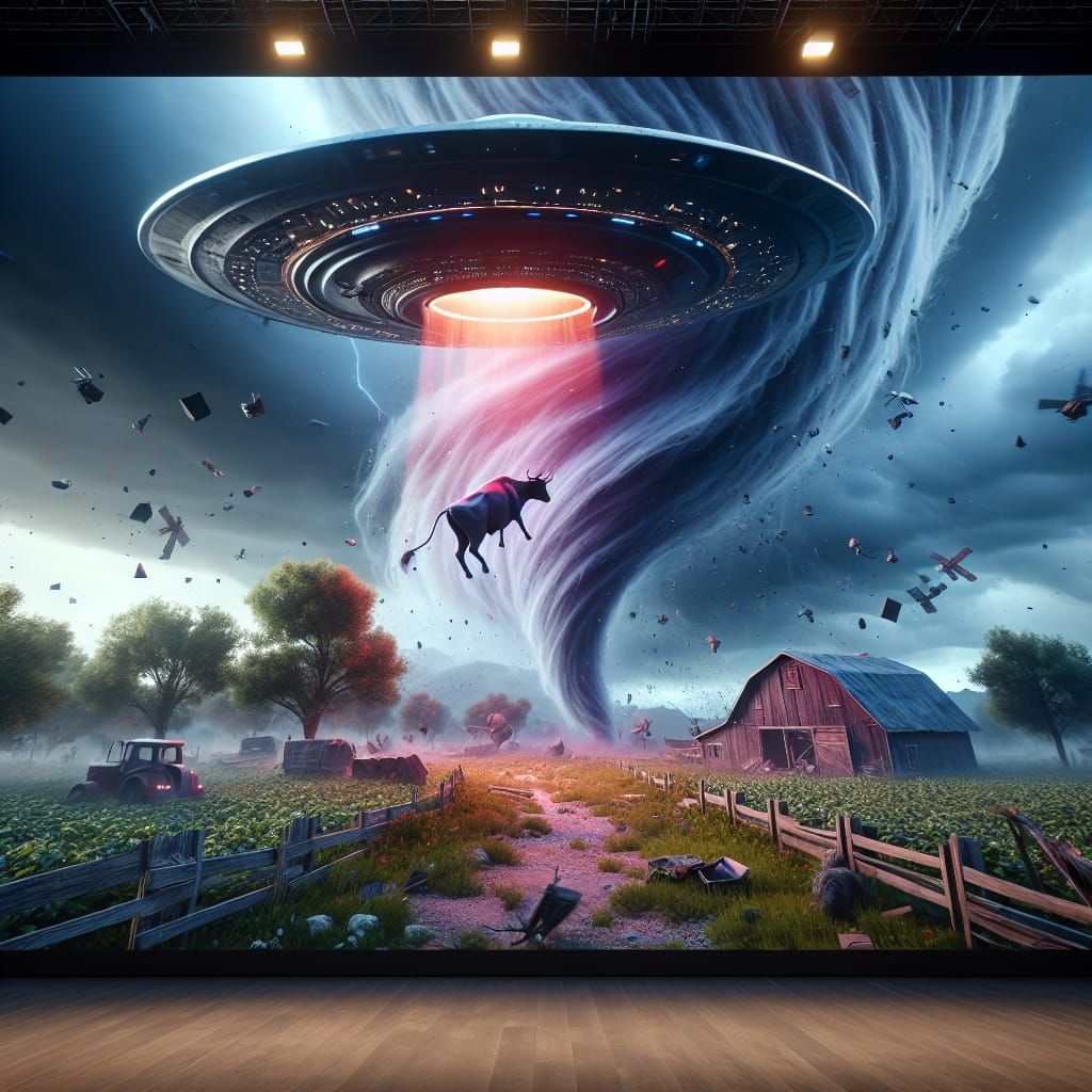 UFO Cow Abduction in Magical Realism Style