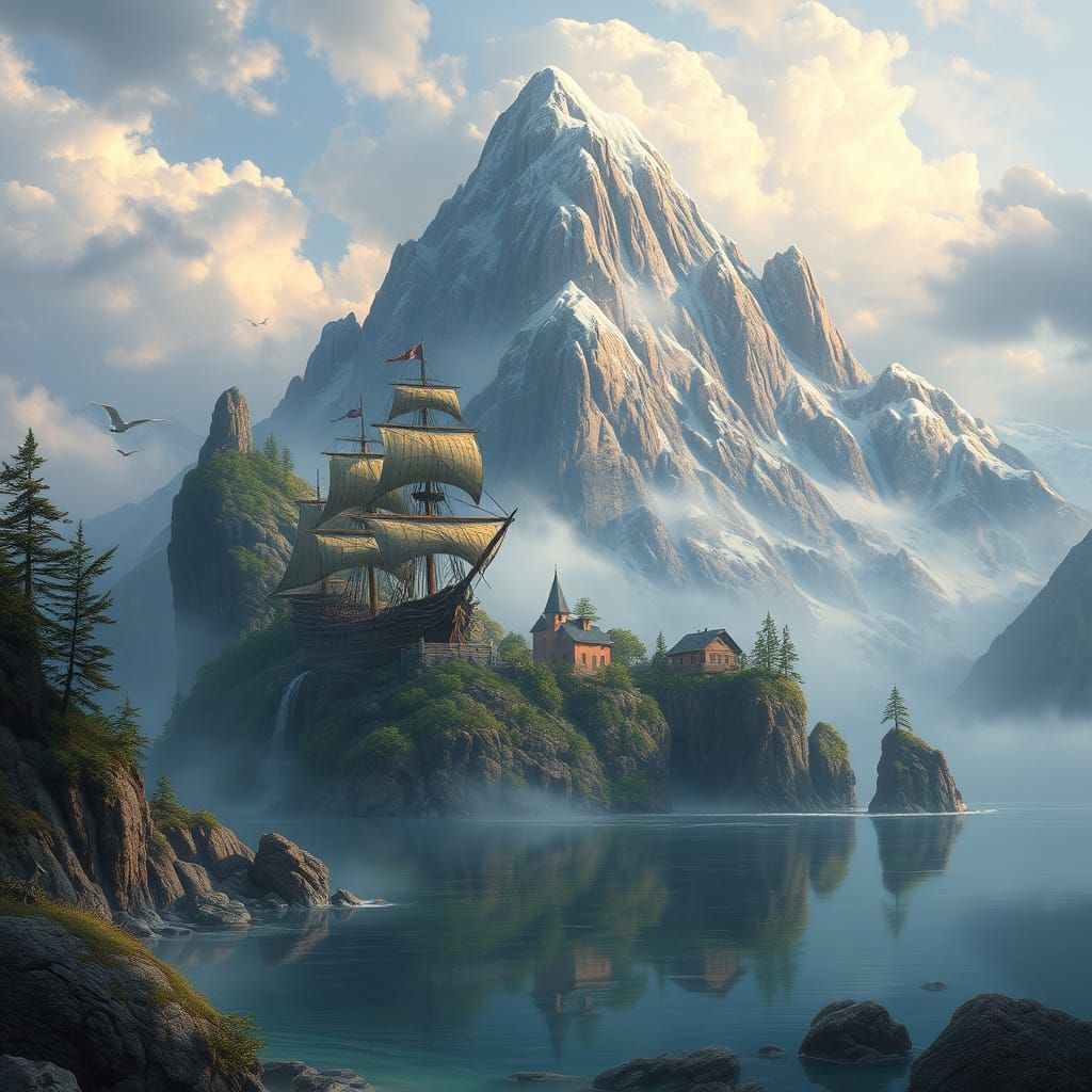 Ethereal Mountain Landscape with Pirate Ship and Whimsical C...