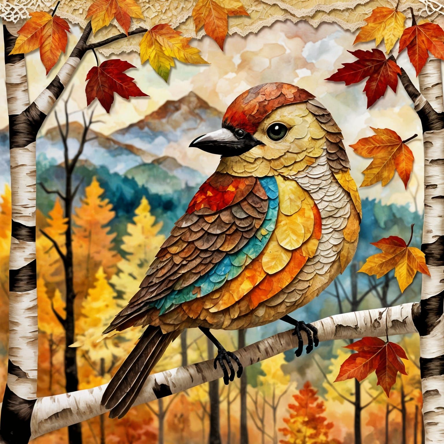 Autumn Bird on Birch Tree Collage